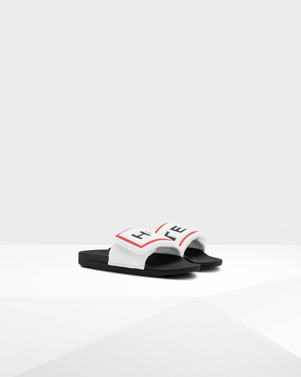 Womens Slides - Hunter Original Terry Towelling Logo Adjustable (59GCQUWFY) - Black/White